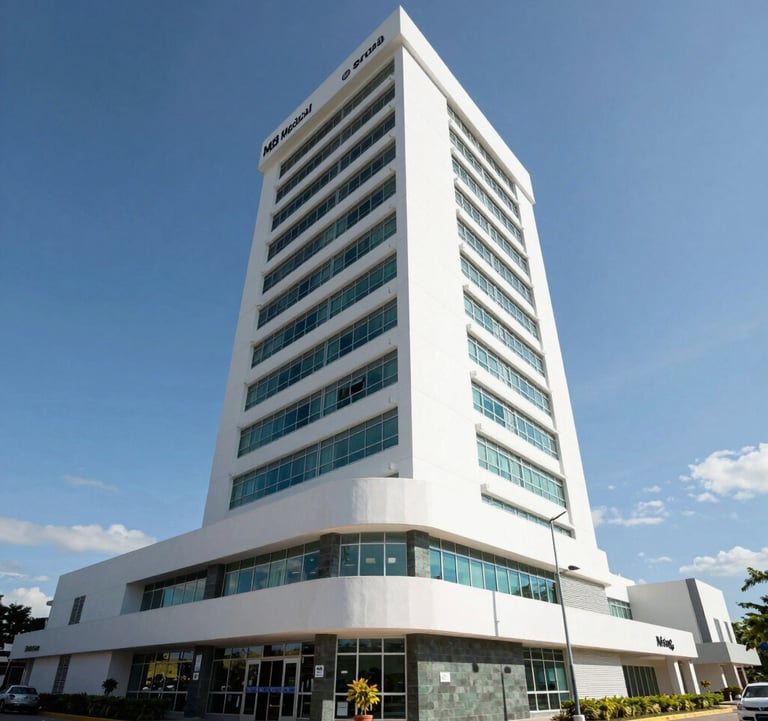Exterior shot of the MB Medical Tower in Mérida, Yucatán. A state-of-the-art medical facility with a clean, white and dark slate green facade. Bright daylight, wide-angle lens, professional architecture photography.