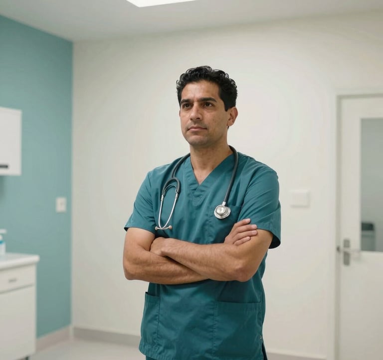 A bright and professional medical suite interior in Mérida, Yucatán, featuring medium teal and soft off-white decor. A North American / Mexican (Yucatán) healthcare worker is seen in the background, conveying trust.