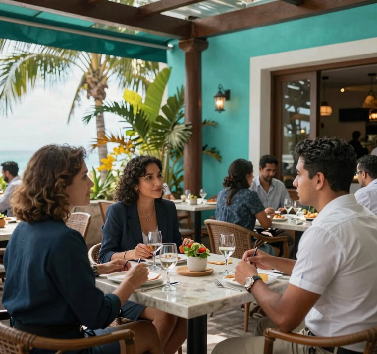 A high-end restaurant terrace in Mérida, North American / Mexican (Yucatán), where investors and professionals meet. The setting is tropical and sophisticated with Ocean Teal decor.
