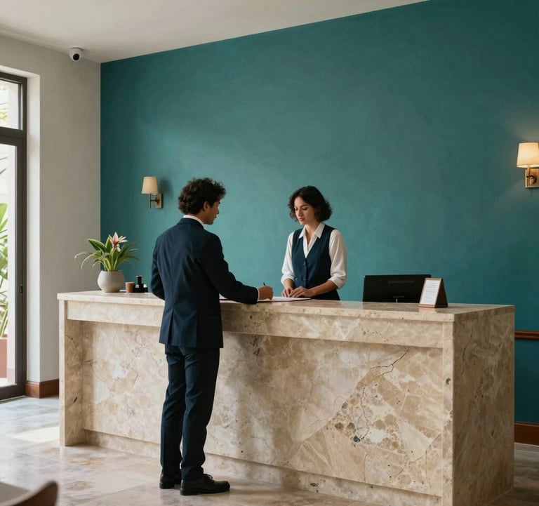 A high-end boutique hotel lobby in Mérida, Yucatán. A North American / Mexican (Yucatán) professional is checking in at a reception desk made of local limestone. The palette includes dark teal and light aqua accents.