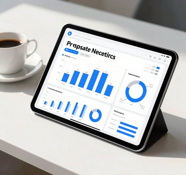 A high-resolution shot of a tablet computer resting on a white desk next to a coffee cup in a sunlit office. The screen shows a professional data analytics application with clean typography and blue charts, representing modern app development.