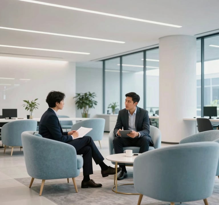 Photography of a modern office lounge in a North American tech hub. High ceilings and minimalist furniture in light blue and white colors. Two professionals are engaged in a confident discussion in the background, conveying a client-centric approach and high-quality service.
