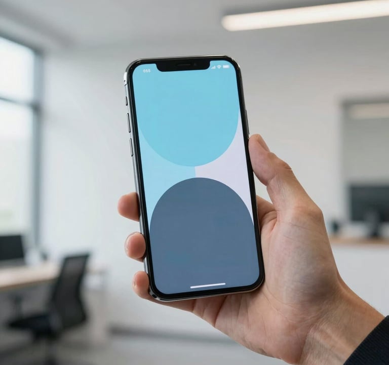Close-up photography of a professional hand holding a high-end smartphone displaying a vibrant, modern app interface with light blue and slate accents. The background is a clean, minimal North American office space with natural lighting.