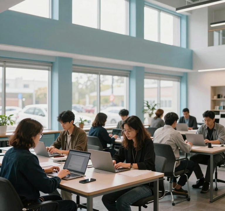 A wide shot of a modern North American collaborative workspace with individuals working on laptops, featuring pale blue architectural accents and large windows.