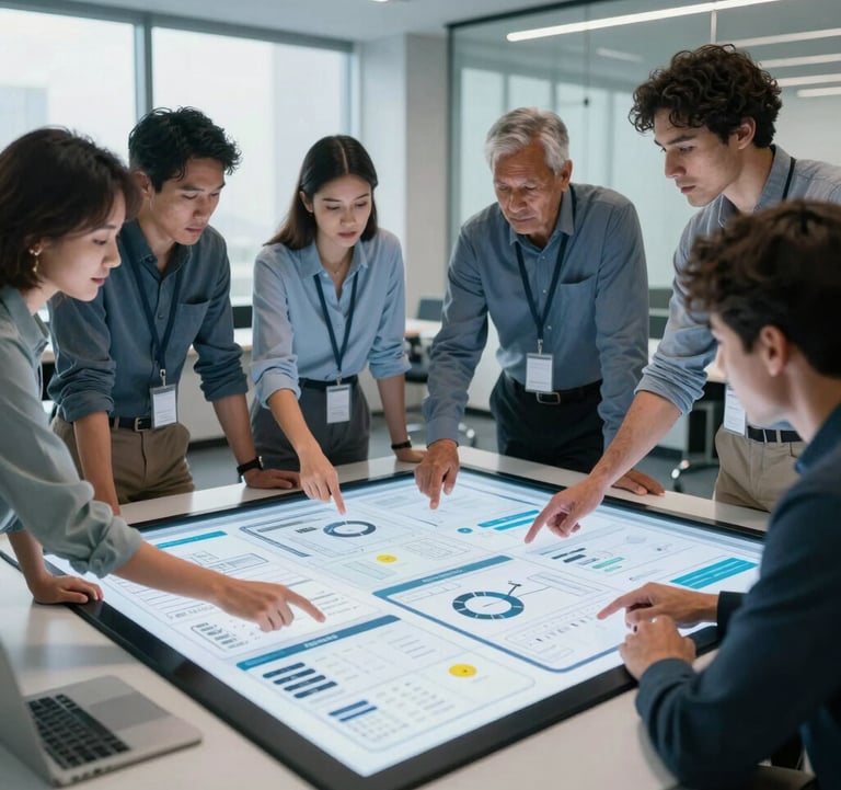 A group of diverse professionals collaborating around a large touchscreen table in a high-tech North American conference room. They are interacting with digital wireframes and app flows under bright, cool-toned professional lighting.