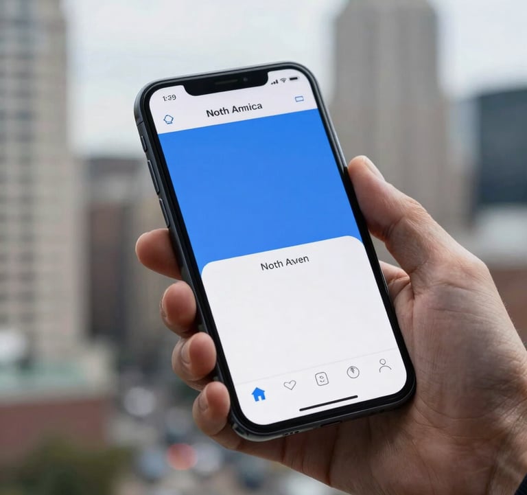 Close-up photography of a smartphone held in a professional's hand against a blurred North American city background. The screen shows a clean, user-friendly mobile application interface with blue and white colors.