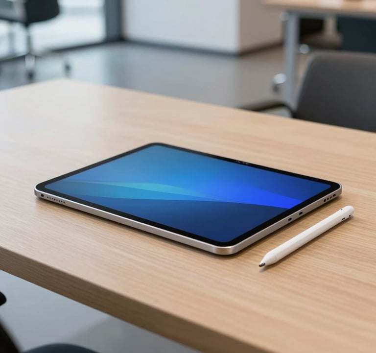 A professional photography shot of a sleek tablet and stylus on a minimalist wooden table in a North American corporate lobby. The lighting is bright and modern, highlighting innovative digital design tools in blue and white colors.