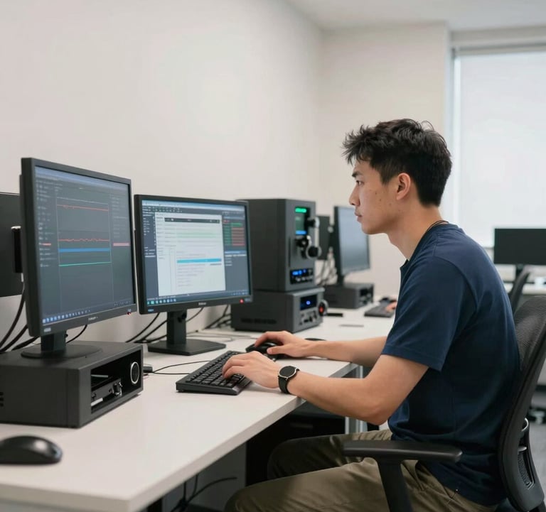A professional photography shot of a North American tech environment. A developer interacts with high-resolution digital equipment in a bright office. The room is modern with off white walls and dark blue grey furniture, emphasizing professional innovation and reliable expertise.