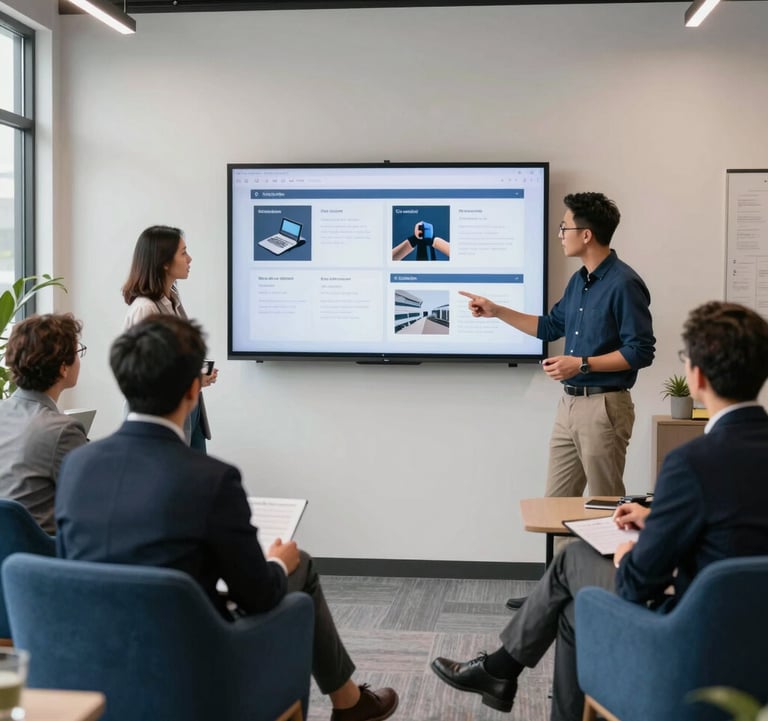 A professional meeting in a US studio with a team discussing app wireframes on a wall-mounted screen, with modern slate blue furniture and bright lighting.