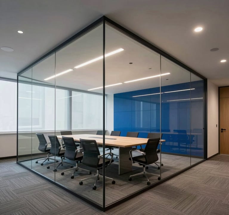 An wide-angle architectural photograph of a contemporary North American tech company conference room. Clean lines, glass walls, and sophisticated lighting reflecting off blue surfaces create a reliable and professional atmosphere.