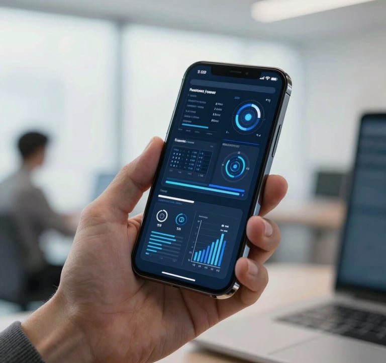 A sharp, detailed photograph of a hand holding a sleek smartphone showing a modern, blue and white data visualization interface in a bright US office setting.