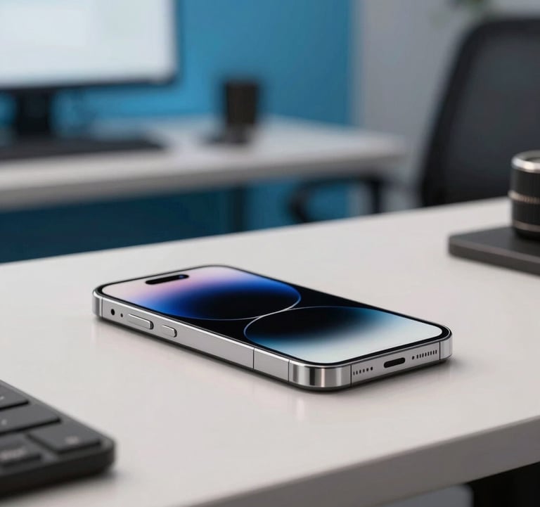 A clean, high-end photography shot of a high-resolution mobile device on an off white desk in a North American studio. In the background, a workspace with bright blue accents is visible but softly blurred, suggesting a professional and modern app development environment.