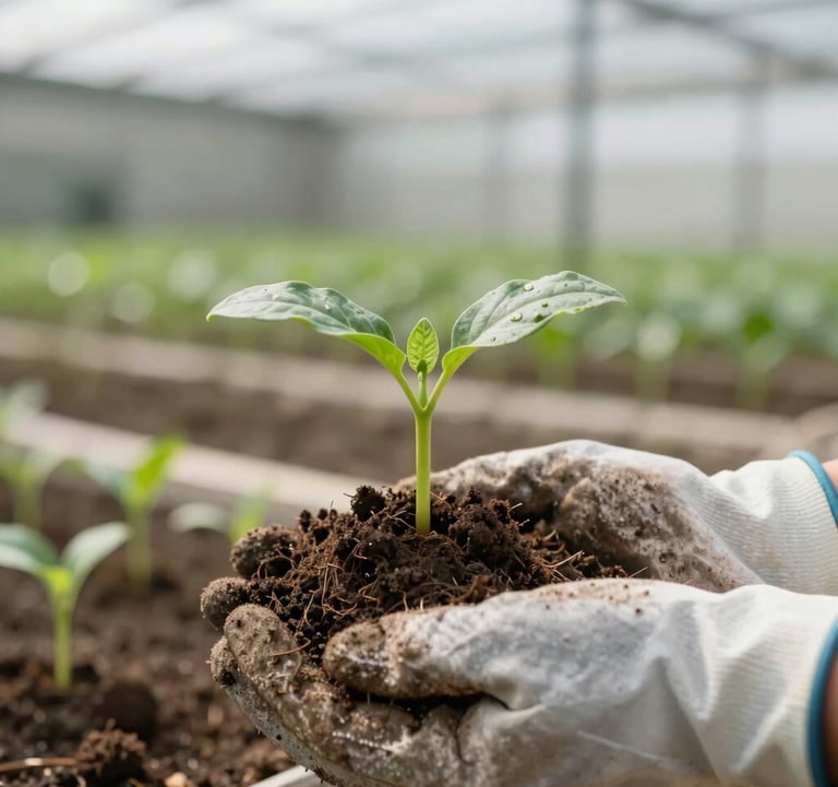 Close-up of a healthy, green seedling growing out of dark, fertile soil, held by hands in professional gardening gloves. Focus on sustainability and growth. Soft focus background of a modern farm. International / Global.