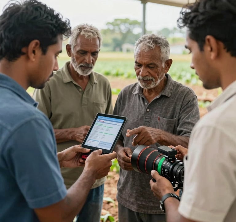 A professional photography shot of a collaborative workshop where a group of farmers is being shown a new data-driven planting tool. Professional and educational. International / Global.