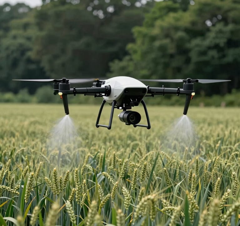 A sharp, high-resolution photo of an automated agricultural drone hovering over a sustainable wheat field, spraying targeted nutrients. Clean, professional composition with deep green forest green tones. International / Global setting.
