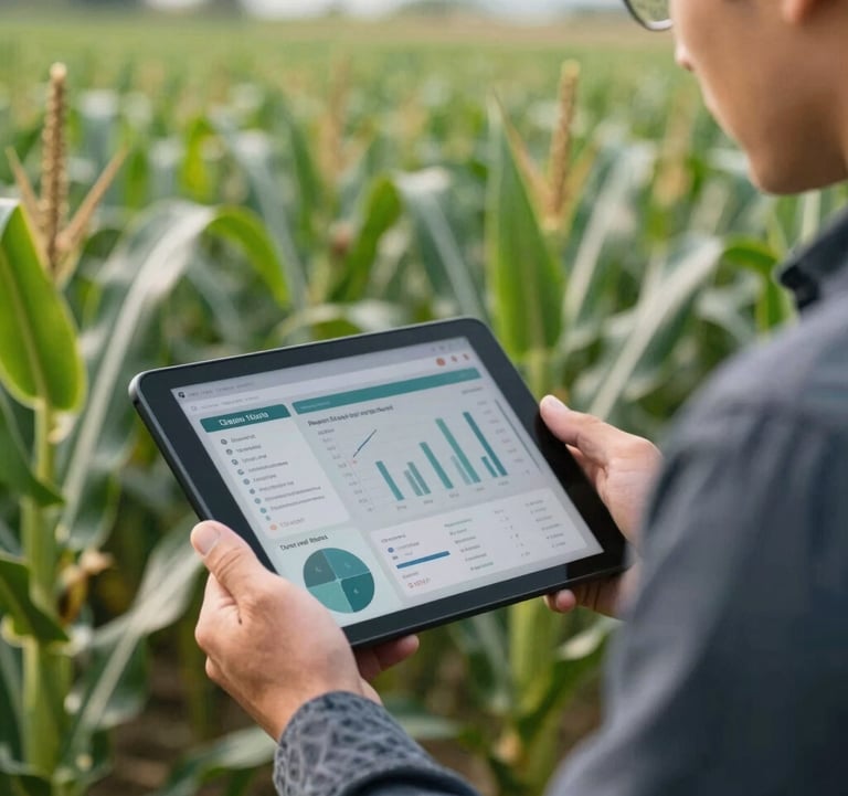 A close-up photograph of a professional agronomist holding a digital tablet in a lush, healthy corn field, using data analytics software. The lighting is natural and bright, emphasizing innovation and precision. International / Global setting.