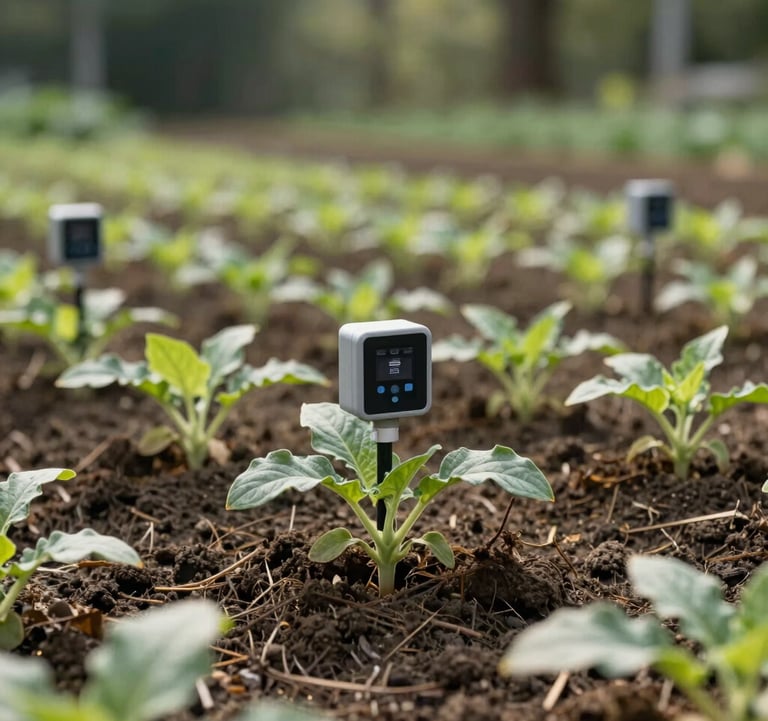 A detail-oriented shot of a climate-resilient crop trial in an International / Global setting, showcasing precision sensors in the soil, natural morning sunlight, forest green and sage green hues, focused on innovation and sustainability.