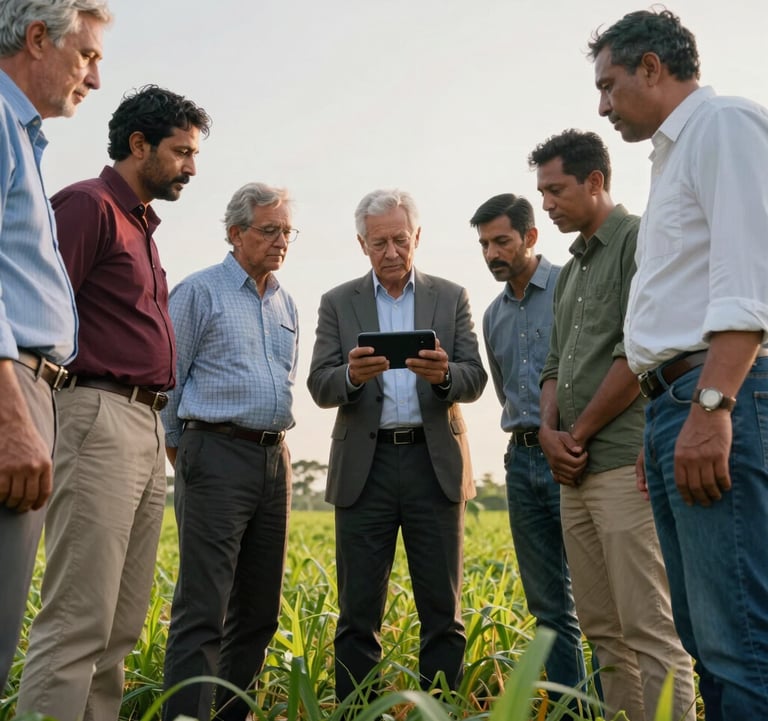 A low-angle shot of a group of diverse agricultural experts and farmers standing together in a lush field, discussing a handheld device. Authoritative and collaborative atmosphere. Professional attire. International / Global location.
