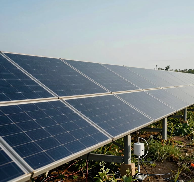 A professional photography shot of solar panels installed on the edge of a sustainable farm, providing power to agricultural sensors. International / Global.