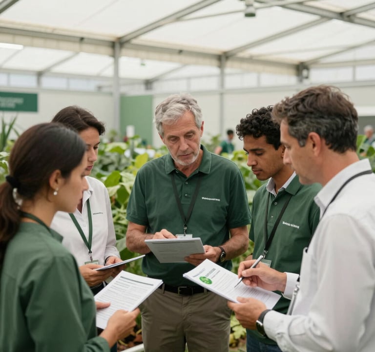 A professional collaborative scene in an International / Global agricultural hub, showing diverse experts reviewing environmental data on site, clean outdoor lighting, professional and authoritative tone, using a palette of forest green and off-white.