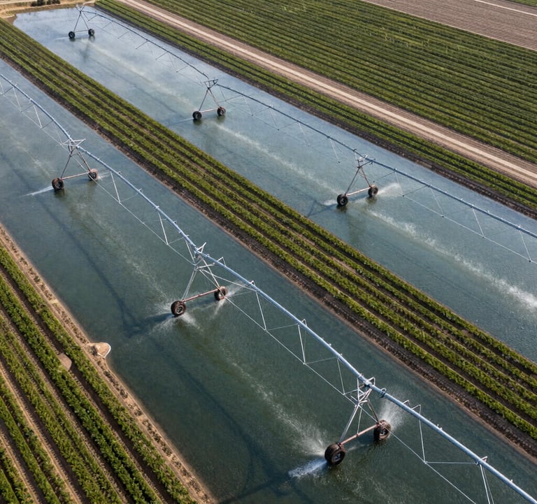 An aerial photography shot showing an efficient irrigation system forming geometric patterns on a high-performance farm. The image showcases advanced water management and sustainable resource use. International / Global setting.