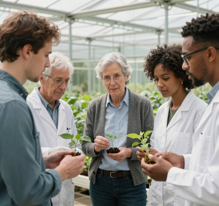 A professional photograph of a diverse group of agricultural researchers in smart-casual attire discussing plant samples in a bright, modern greenhouse. Authoritative and collaborative mood. International / Global.