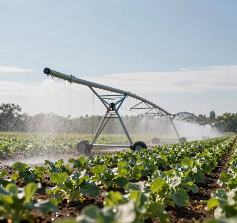 A professional photograph of an advanced smart irrigation system misting a row of climate-resilient crops under a clear sky. The water droplets catch the light beautifully. International / Global.