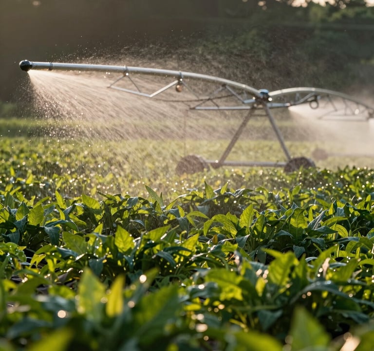 Photography of a smart irrigation system spraying a fine mist over a field of vibrant crops at sunset. Sharp focus on the water droplets. Clean, forest green and mist colors. International / Global agricultural setting.