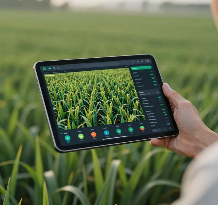 A professional photograph of a person's hand holding a modern tablet displaying vibrant data visualizations of crop health in a lush green field. Soft, natural morning light. Deep green and sage green tones. International / Global.