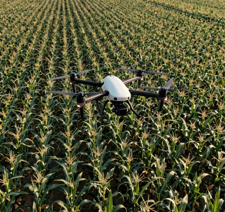 A professional photography shot of a drone flying low over a precision-mapped cornfield, capturing the essence of advanced technology in agriculture. International / Global.