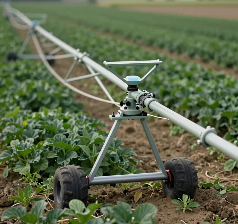 A close-up of high-efficiency irrigation technology integrated into an International / Global agricultural field, reflecting sustainable water management, sharp focus, clean lighting, featuring sage green and dark green elements.
