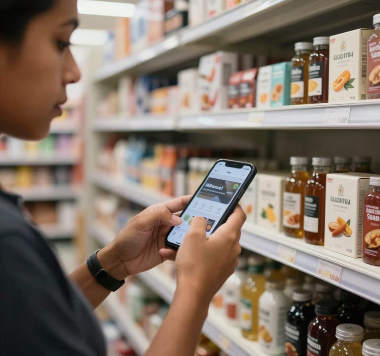High-quality photography of a resident scanning a product with their phone in a modern autonomous market, clean minimalist shelves in the background, South American / Brazilian urban setting.