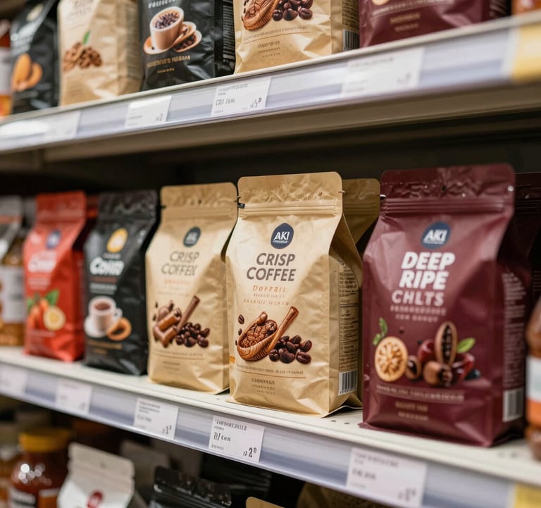 A close-up of a well-organized shelf in an AkiSmart market, featuring premium coffee and snacks, with Crisp Parchment and Deep Ripe Crimson color themes in a South American / Brazilian context.