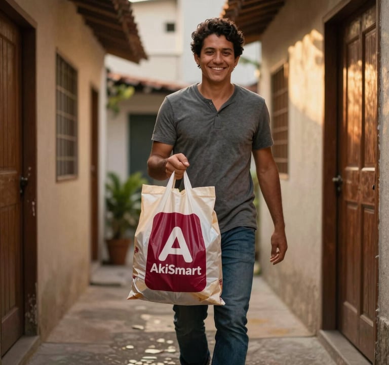 A lifestyle photograph of a person in a South American / Brazilian residential corridor, carrying a grocery bag with the deep ripe crimson AkiSmart logo, walking towards their apartment with a smile of convenience. Warm evening lighting.