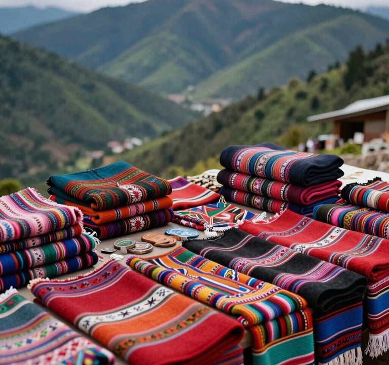 A vibrant market stall showcasing local Andean crafts and colorful textiles, with forest green mountains visible in the blurred background.