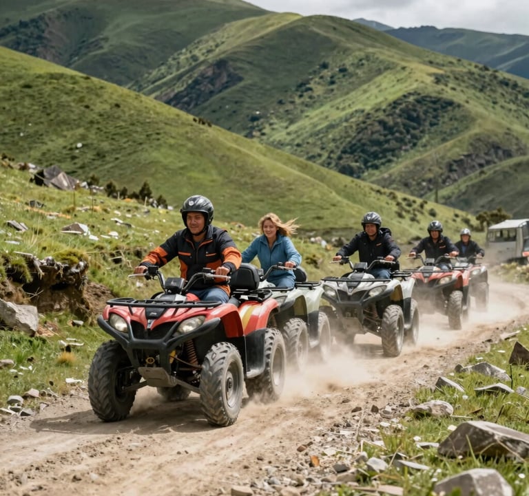 Action shot of a group of people on cuatrimotos traversing a scenic mountain path in the South American Andean region. Dust rising slightly in the sun, vibrant green hills, family members smiling, bright daylight.
