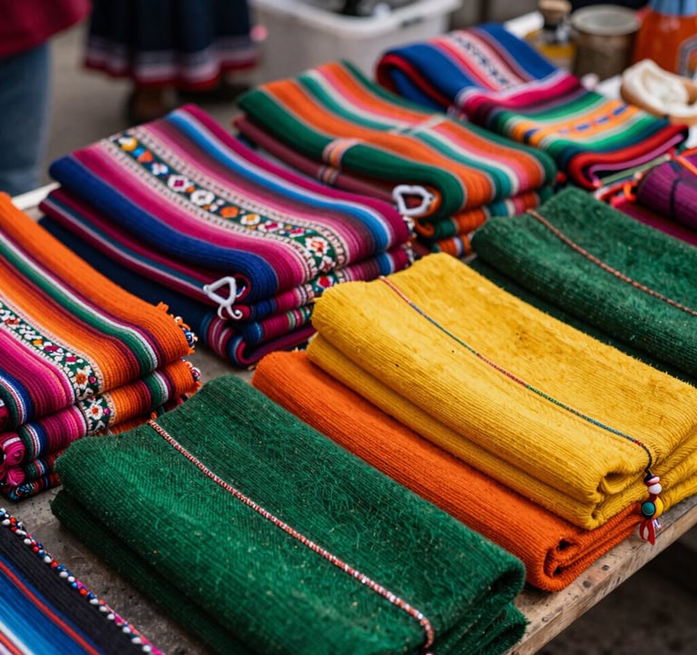 Traditional South American Andean market scene with colorful textiles and fresh local products, highlighting the vibrancy of local gastronomy. Natural light, rich textures of green, orange, and yellow.