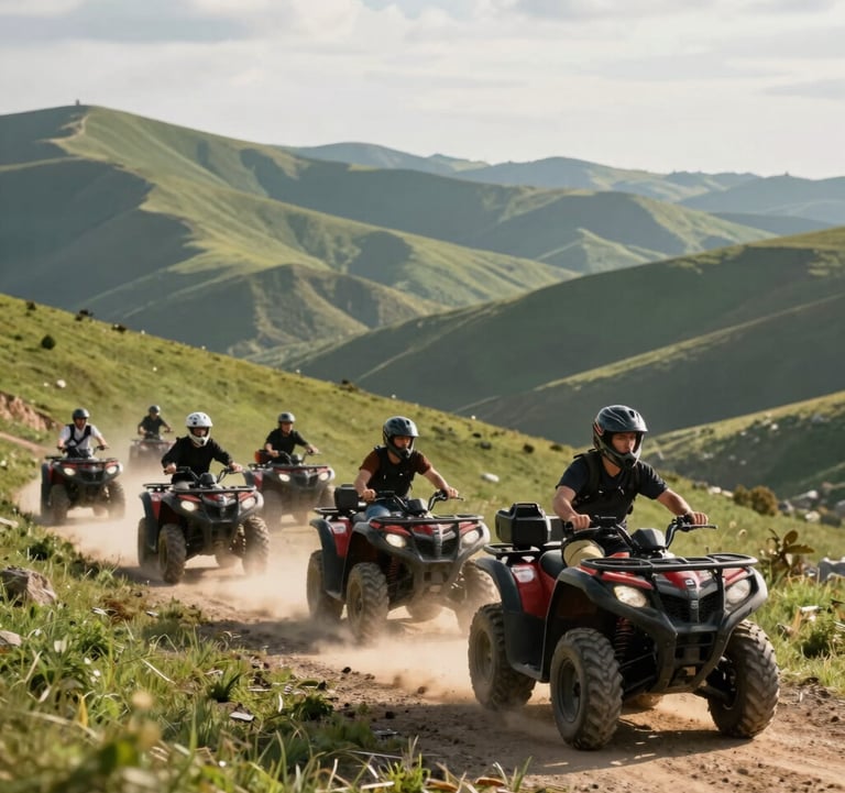 Action shot of a group of people on quad bikes navigating a scenic mountain path, green hills stretching into the distance under a warm afternoon sun.