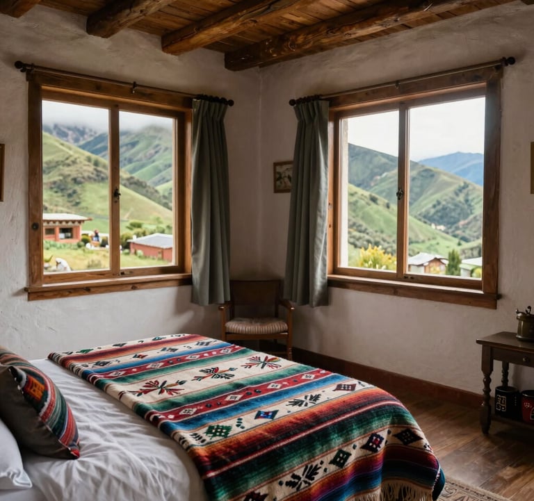 Interior of a cozy, rustic hotel room with traditional South American / Andean woven blankets, large windows overlooking a green mountain ridge, soft natural lighting.