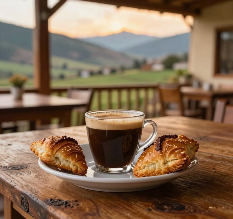 A close-up shot of artisanal local coffee and traditional pastries served on a rustic wooden table in an open-air cafe with views of green Andean valleys, warm orange and yellow morning light.