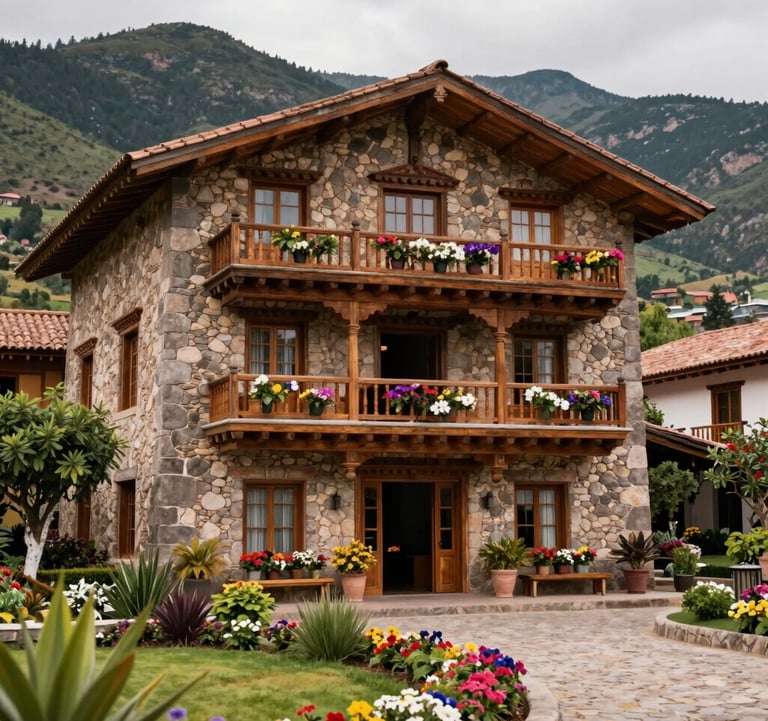 A charming boutique hotel with South American Andean architecture, stone walls, and wooden balconies decorated with local flowers, surrounded by lush gardens and green mountains.