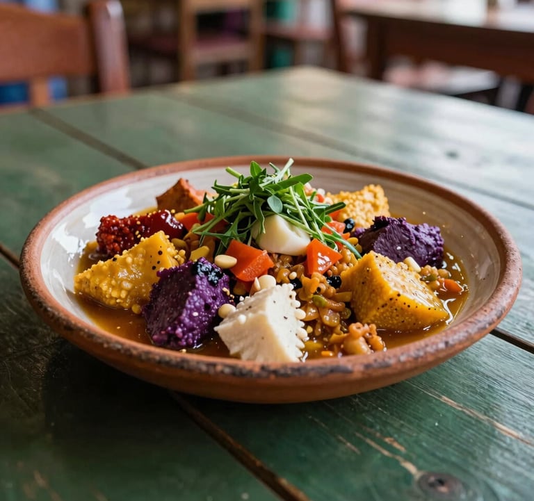 Close-up of a traditional South American / Andean dish on a rustic ceramic plate, featuring colorful local ingredients and herbs, set on a dark green wooden table in a brightly lit restaurant.