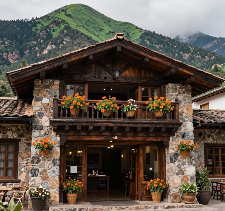 A cozy boutique hotel entrance built with local stone and dark wood, decorated with hanging baskets of orange flowers, set against a backdrop of towering green peaks. South American / Andean architecture style.