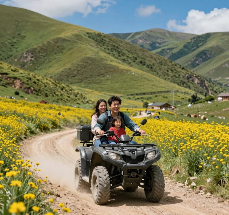 A happy family riding ATVs on a dusty mountain path surrounded by vibrant green hills and yellow wildflowers under a bright blue sky. South American / Andean rural landscape.