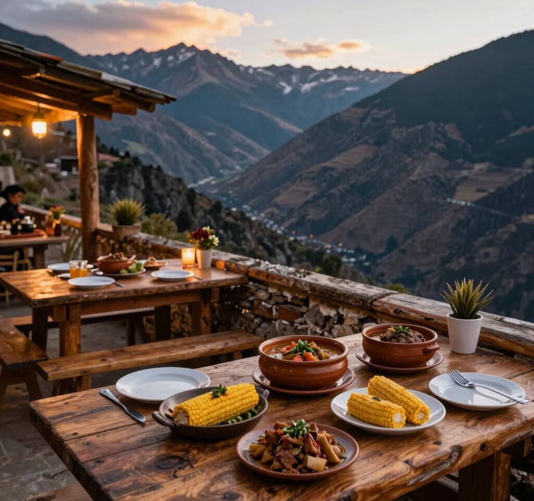 A rustic outdoor restaurant terrace overlooking a deep mountain valley, with wooden tables featuring traditional local dishes like Andean corn and stews. Warm evening lighting in a South American / Andean mountain setting.