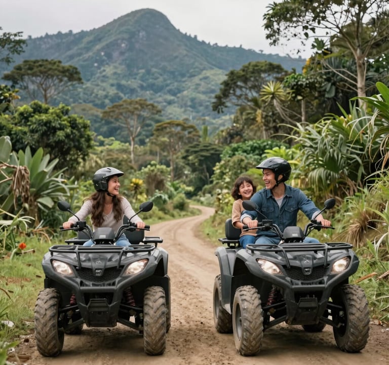 A family laughing while riding modern ATVs on a safe dirt trail through a lush forest with high mountain peaks in the background, South American Andean setting, bright natural daylight, vibrant green foliage.