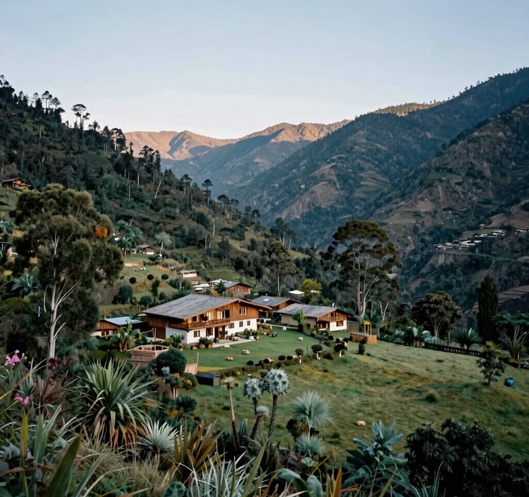 A panoramic photography shot of a serene South American / Andean valley with a cozy mountain hotel in the distance, surrounded by forest green trees and sage green meadows under a clear sky.