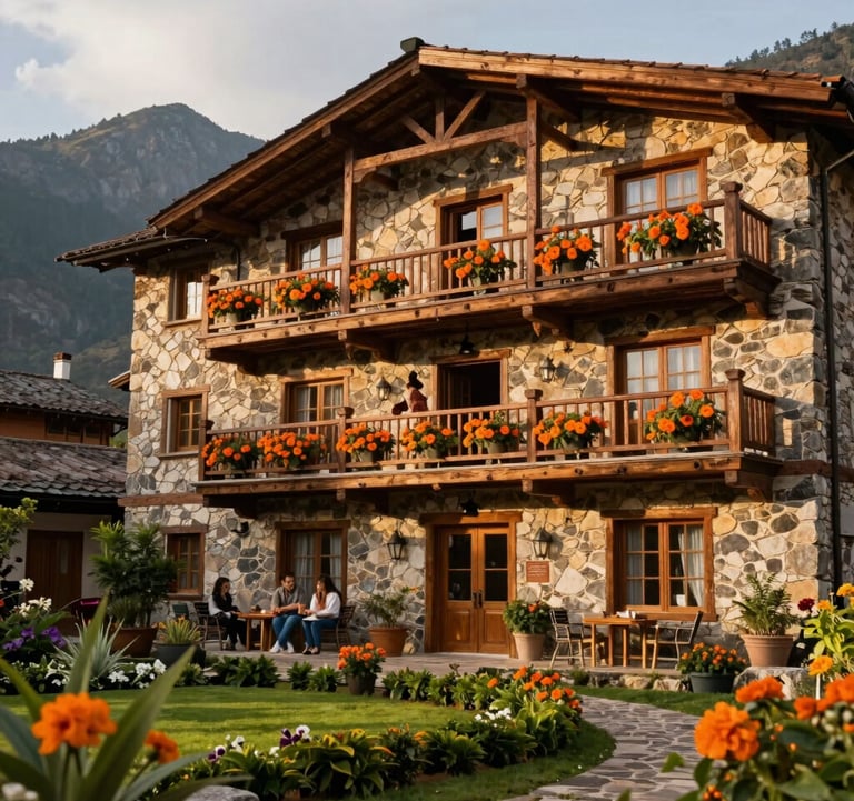 A cozy, family-friendly hotel in the South American Andean highlands, featuring stone architecture and wooden balconies with vibrant orange flowers. Warm morning light, lush green gardens in the foreground, mountain backdrop.