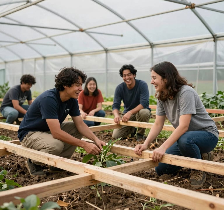 A group of volunteers laughing while setting up temporary wooden frames and high-tunnel plastics during a cooperative work day on a Northwest Arkansas farm. Earthy soil tones, vibrant greens, energetic community vibe.