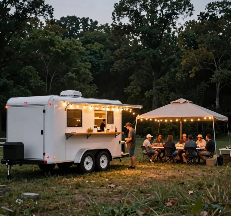 A photograph of a custom hospitality utility trailer parked at a beautiful North American / Northwest Arkansas farm during an evening gathering. String lights are draped from the trailer to a nearby pop-up shelter, casting a warm sun-gold glow. Farmers are gathering around folding tables, sharing food, with deep forest green trees under a dusky evening sky.